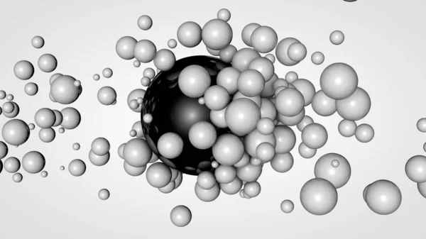 Representación 3D de muchas bolas pequeñas en el espacio que rodea una gran bola negra. La idea de la interacción química. Composición futurista y abstracta para el fondo. Imagen aislada sobre fondo blanco . —  Fotos de Stock