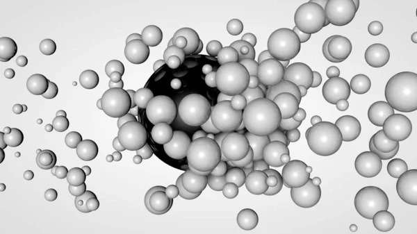 3D απόδοση πολλών μικρών μπάλες στο χώρο που περιβάλλει μια μεγάλη μαύρη μπάλα. Η ιδέα της χημικής αλληλεπίδρασης. Φουτουριστική, αφηρημένη σύνθεση για το φόντο. Εικόνα απομονωμένη σε λευκό φόντο. — Φωτογραφία Αρχείου