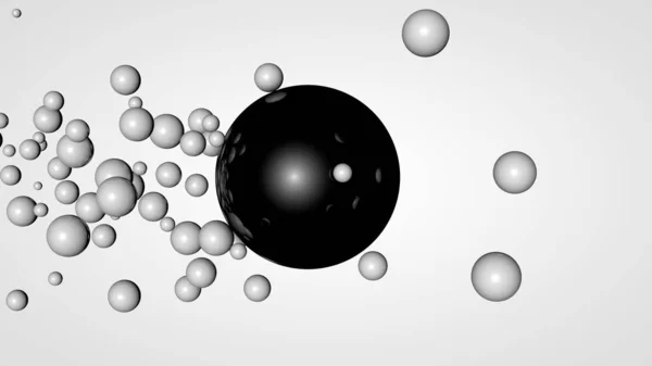 大きな黒いボールを囲む空間に多くの小さなボールの3Dレンダリング。化学的相互作用の考え方。背景のための未来的な、抽象的な構成。白い背景に分離された画像. — ストック写真