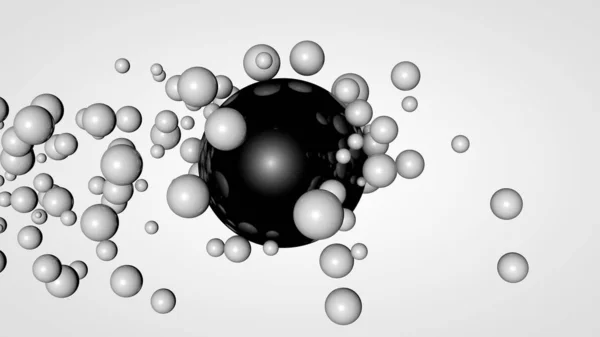 大きな黒いボールを囲む空間に多くの小さなボールの3Dレンダリング。化学的相互作用の考え方。背景のための未来的な、抽象的な構成。白い背景に分離された画像. — ストック写真