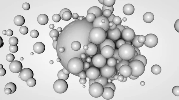 Rendu 3D de nombreuses petites boules dans l'espace entourant une grande boule blanche. L'idée d'interaction. Composition futuriste et abstraite pour l'arrière-plan. Image isolée sur fond blanc . — Photo