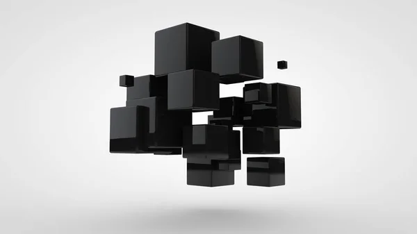 3D рендеринг многих черных кубиков разных размеров, случайным образом расположенных в пространстве на белом фоне. Абстрактная, футуристическая композиция идеальных геометрических форм . — стоковое фото