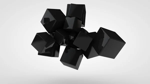 3D візуалізація багатьох чорних кубиків різного розміру, випадково розташованих у просторі на білому тлі. Абстрактний, футуристичний склад ідеальних геометричних фігур . — стокове фото