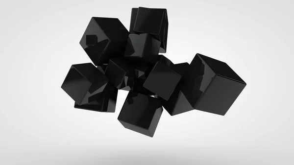 Rendering 3D di molti cubi neri di diverse dimensioni, disposti casualmente nello spazio su uno sfondo bianco. Composizione astratta e futuristica di forme geometriche ideali . — Foto Stock