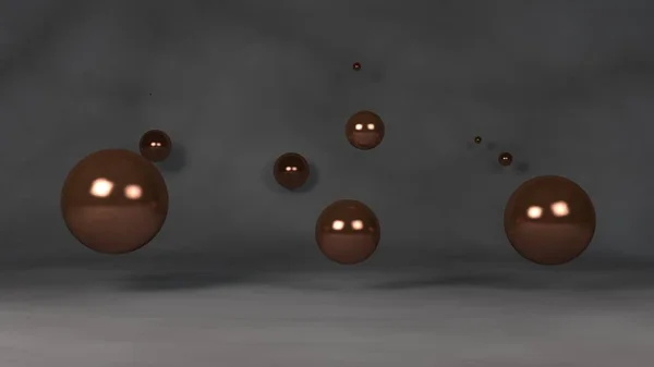 Illustrazione 3D di una serie di sfere di bronzo. Le sfere sono posizionate casualmente nello spazio sopra la superficie riflettente. Rendering 3D, astrazione, astratto, sfondo futuristico. L'idea di armonia del caos — Foto Stock