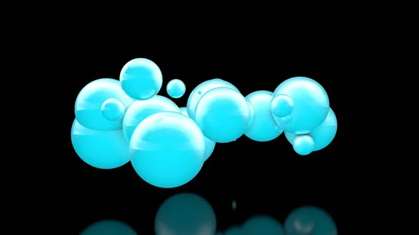 Ilustração 3D de muitas belas bolas azuis no espaço em um fundo preto. A ideia de beleza e harmonia, nuvens de neve e nevascas. Renderização 3D, isolada . — Fotografia de Stock