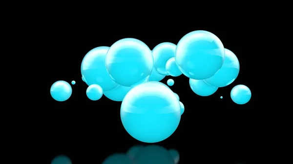 Ilustración 3D de muchas hermosas bolas azules en el espacio sobre un fondo negro. La idea de belleza y armonía, nubes de nieve y ventisqueros. Renderizado 3D, aislado . — Foto de Stock