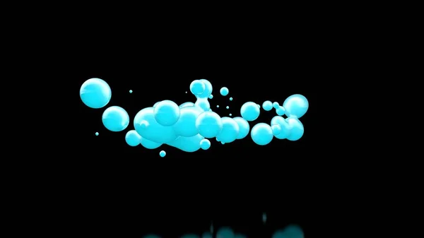 Ilustração 3D de muitas gotas azuis de líquido frio, desintegrando e fundindo-se em uma massa total. Imagem de fundo abstrata e futurista. renderização 3D, em um fundo preto, isolado . — Fotografia de Stock
