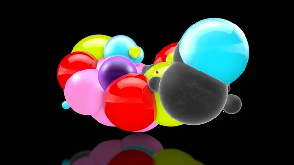 3D-illustratie van veel gekleurde ballen in de ruimte, willekeurig verdeeld, op een zwarte achtergrond, boven het reflecterende oppervlak. 3D-rendering, abstractie. Surrealisme, achtergrond. — Stockfoto