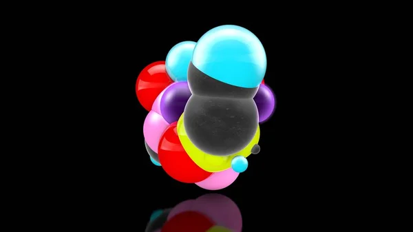 Ilustração 3D de muitas bolas coloridas no espaço, distribuídas aleatoriamente, sobre um fundo preto, acima da superfície reflexiva. Renderização 3D, abstração. Surrealismo, fundo . — Fotografia de Stock