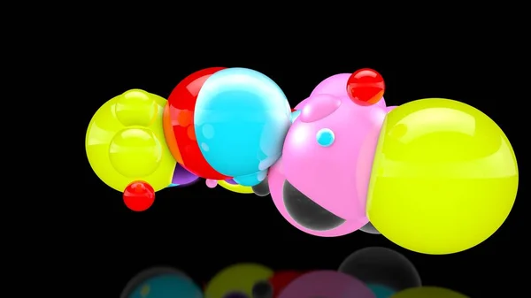 Ilustración 3D de muchas bolas de colores en el espacio, distribuidas aleatoriamente, sobre un fondo negro, por encima de la superficie reflectante. Representación 3D, abstracción. Surrealismo, antecedentes . —  Fotos de Stock