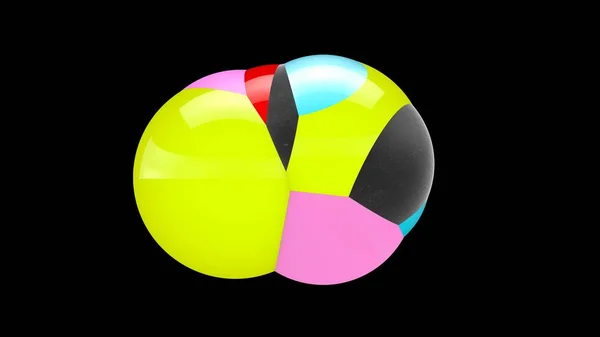 Ilustração 3D de muitas bolas coloridas no espaço, distribuídas aleatoriamente, sobre um fundo preto, acima da superfície reflexiva. Renderização 3D, abstração. Surrealismo, fundo . — Fotografia de Stock