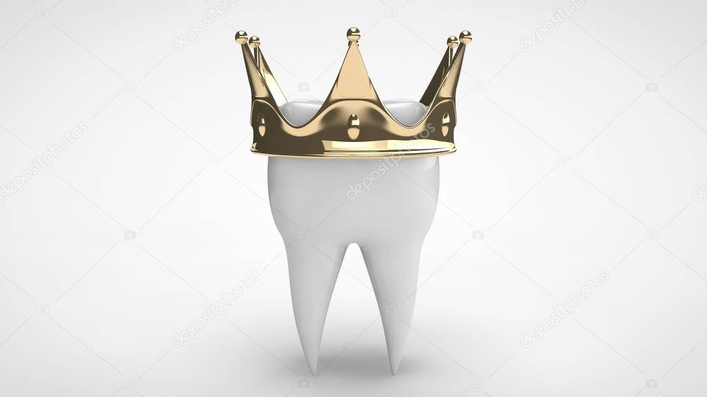3D rendering of a white human tooth crowned with a gold crown. The idea of treatment, restoration, prosthetics in a dental clinic. 3D image on a white background, isolated.