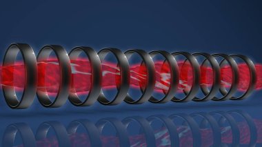 Plazma jeneratörünün 3boyutlu görüntülemesi. Tokamak termonükleer reaktör, yüksek sıcaklıktaki plazma akışı ile annular manyetik alanda yıldırım deşarjları ile. 3d görüntü, fütüristik.