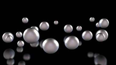 Birçok ışık topları ve siyah yansıtıcı arka plan üzerinde damla 3d illüstrasyon. Küreler uzayda kaotik bir şekilde düzenlenmiştir. Soyut geometrik arka planın 3boyutlu işlenmesi