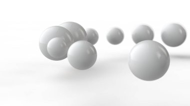 Büyük ve küçük beyaz topları, küreler, geometrik şekiller beyaz bir arka plan üzerinde izole 3d illüstrasyon. Soyut, fütüristik, ideal formda nesnelerin görüntü. Düzen fikrinin 3d render