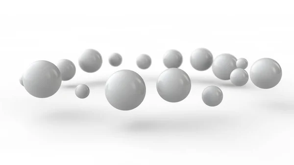 3D illustration av många små vita bollar, sfärer arrangerade i en ring ovanför den vita ytan emot skuggor. 3D-rendering av abstrakt bakgrund, futuristisk design, perfekta geometriska kroppar. — Stockfoto