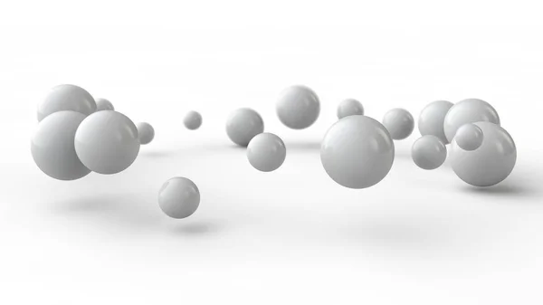 3D illustration av många små vita bollar, sfärer arrangerade i en ring ovanför den vita ytan emot skuggor. 3D-rendering av abstrakt bakgrund, futuristisk design, perfekta geometriska kroppar. — Stockfoto