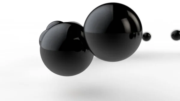 Illustrazione 3D di sfere nere grandi e piccole, sfere, forme geometriche isolate su sfondo bianco. Astratta, futuristica, l'immagine di oggetti di forma ideale. Rendering 3D dell'idea di ordine — Foto Stock