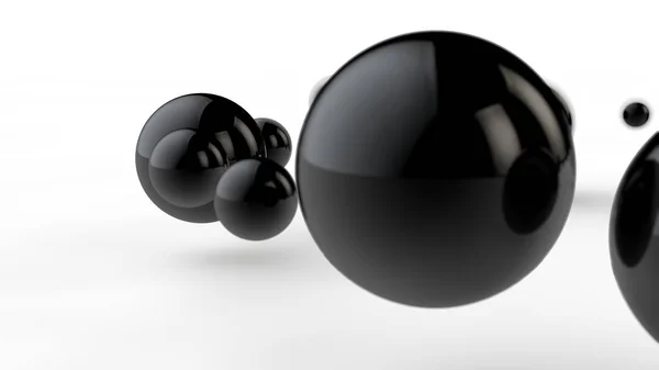 3D απεικόνιση των μεγάλων και μικρών μαύρων μπάλες, σφαίρες, γεωμετρικά σχήματα απομονώνονται σε λευκό φόντο. Αφηρημένη, φουτουριστική, περικομμένη εικόνα από τέλεια διαμορφωμένα αντικείμενα. απόδοση 3D — Φωτογραφία Αρχείου