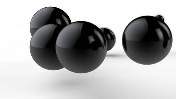 3D illustration av stora och små svarta bollar, sfärer, geometriska former isolerade på en vit bakgrund. Abstrakt, futuristisk, bilden av objekt av ideal form. 3D-rendering av idén om order — Stockfoto