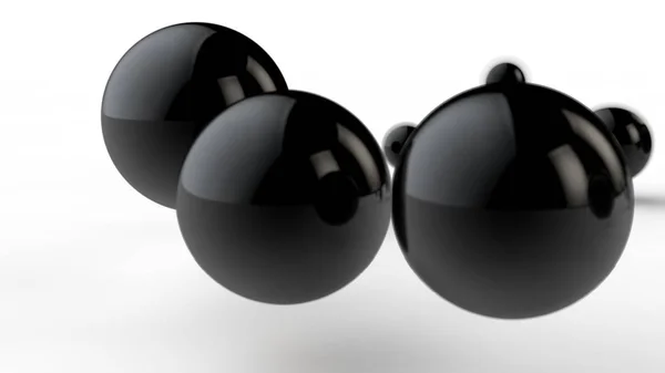 3D ilustrace velkých a malých černých koulí, koulí, geometrických tvarů izolovaných na bílém pozadí. Abstraktní, futuristické, image objektů ideálního tvaru. prostorové vykreslování myšlenky objednávky — Stock fotografie