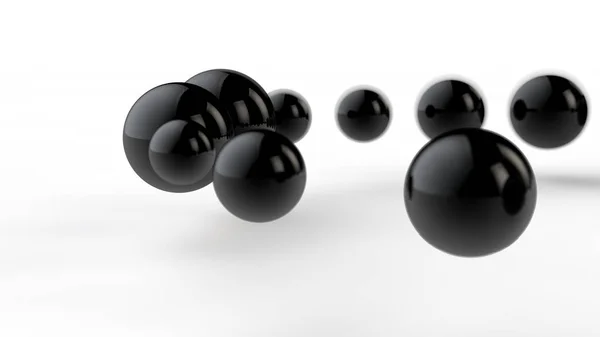 Illustrazione 3D di sfere nere grandi e piccole, sfere, forme geometriche isolate su sfondo bianco. Astratta, futuristica, l'immagine di oggetti di forma ideale. Rendering 3D dell'idea di ordine — Foto Stock