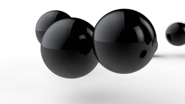 3D ilustrace velkých a malých černých koulí, koulí, geometrických tvarů izolovaných na bílém pozadí. Abstraktní, futuristický, oříznutý obraz dokonale tvarovaného předmětu. prostorové vykreslování — Stock fotografie
