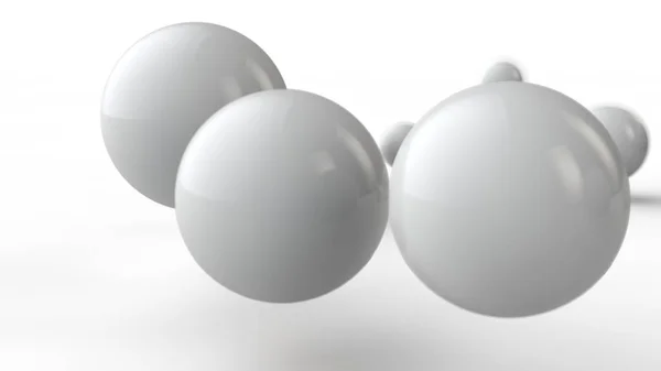 3D illustration av stora och små vita bollar, sfärer, geometriska former isolerade på en vit bakgrund. Abstrakt, futuristisk, bilden av objekt av ideal form. 3D-rendering av idén om order — Stockfoto