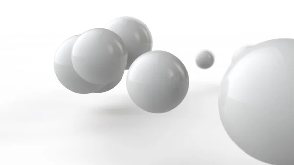 3D illustration av stora och små vita bollar, sfärer, geometriska former isolerade på en vit bakgrund. Abstrakt, futuristisk bild av objekt av perfekt form. 3D-rendering — Stockfoto