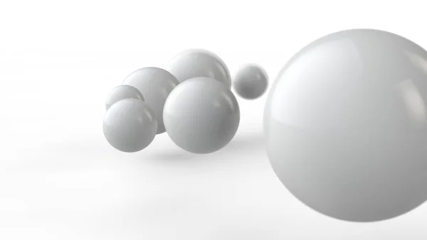 3D-illustratie van grote en kleine witte ballen, bollen, geometrische vormen geïsoleerd op een witte achtergrond. Abstract, futuristisch beeld van objecten van perfecte vorm. 3D-rendering — Stockfoto