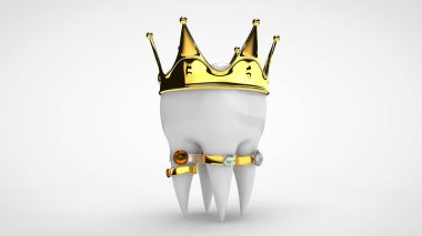 Altın bir taç ve değerli taşlar ile yüzük ile beyaz bir insan diş 3d render. Lüks bir yaşam fikri, pahalı ve yüksek kaliteli tedavi, protezler. Yalıtılmış görüntü