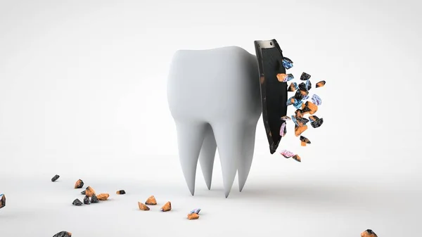 3D illustration of a human tooth hidden behind a shield a lot of broken fragments of microbes on the surface. 3D rendering isolated on white background. Image for toothpaste advertising, prevention. — Stock Photo, Image