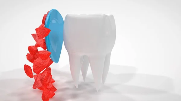 3d 插图，说明隐藏在盾牌后面的人类牙齿表面有很多破碎的微生物碎片。3d 渲染在白色背景上隔离。牙膏广告、预防图片. — 图库照片