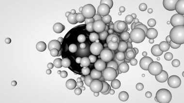 Büyük bir siyah topu çevreleyen alanda birçok küçük topları 3d render. Kimyasal etkileşim fikri. Arka plan için fütüristik, soyut kompozisyon. Beyaz arka planda yalıtılmış görüntü.