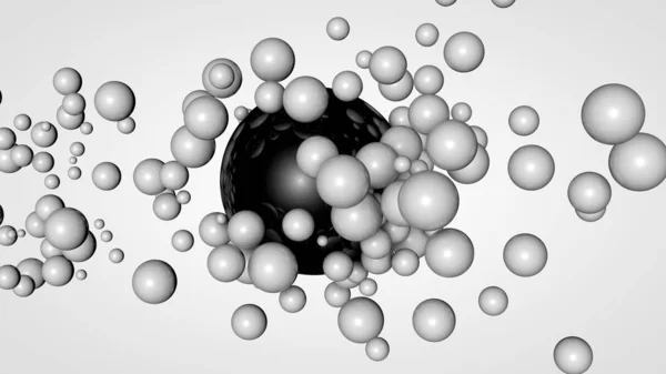 큰 검은 공을 둘러싼 공간에서 많은 작은 공의 3D 렌더링. 화학 적 상호 작용의 아이디어. 배경에 대한 미래지향적이고 추상적인 구성. 흰색 배경에서 이미지 격리. — 스톡 사진
