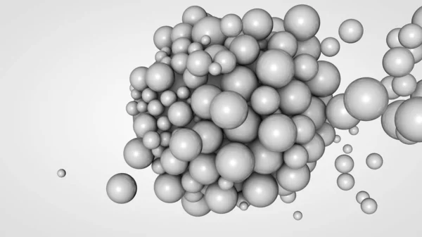 Renderowanie 3D wielu małych kulek w przestrzeni otaczającej dużą białą piłkę. Idea interakcji. Futurystyczny, abstrakcyjny skład tła. Obraz na białym tle. — Zdjęcie stockowe