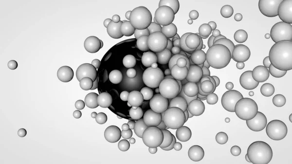 큰 검은 공을 둘러싼 공간에서 많은 작은 공의 3D 렌더링. 화학 적 상호 작용의 아이디어. 배경에 대한 미래지향적이고 추상적인 구성. 흰색 배경에서 이미지 격리. — 스톡 사진