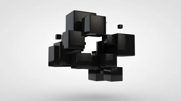 3D renderelés sok fekete kocka különböző méretű, véletlenszerűen elrendezni térben fehér alapon. Absztrakt, futurisztikus összetétele ideális geometriai formák. — Stock Fotó