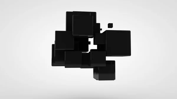 3D renderelés sok fekete kocka különböző méretű, véletlenszerűen elrendezni térben fehér alapon. Absztrakt, futurisztikus összetétele ideális geometriai formák. — Stock Fotó
