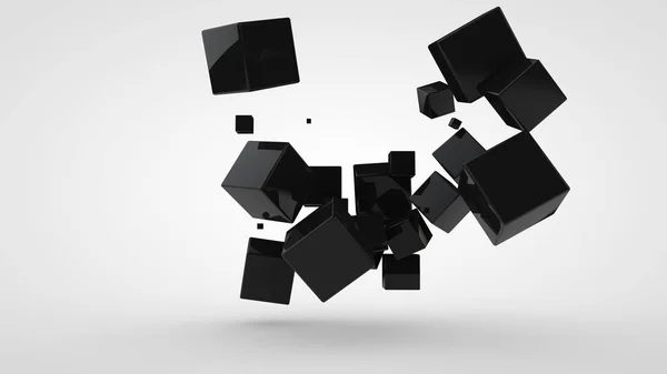 Rendering 3D di molti cubi neri di diverse dimensioni, disposti casualmente nello spazio su uno sfondo bianco. Composizione astratta e futuristica di forme geometriche ideali . — Foto Stock