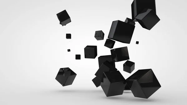 Rendering 3D di molti cubi neri di diverse dimensioni, disposti casualmente nello spazio su uno sfondo bianco. Composizione astratta e futuristica di forme geometriche ideali . — Foto Stock