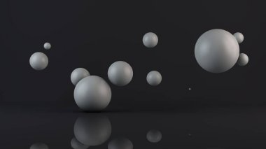 Birçok beyaz topları 3d illüstrasyon. Küreler, yansıyan yüzeyin üzerindeki boşlukta rastgele, rastgele bulunur. 3d render, soyutlama, soyut, fütüristik arka plan.