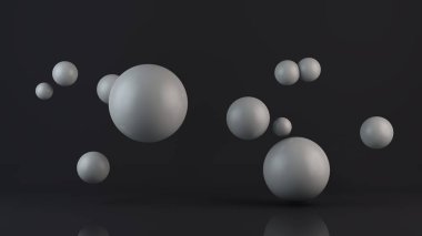 Birçok beyaz topları 3d illüstrasyon. Küreler, yansıyan yüzeyin üzerindeki boşlukta rastgele, rastgele bulunur. 3d render, soyutlama, soyut, fütüristik arka plan.