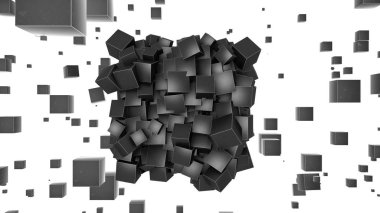 Uzayda birçok küplerin 3d render, küpler patlamadan sonra dağılım ve rasgele uzayda düzenlenmiştir. Büyük Patlama ve dijital devrim fikri, teknoloji.