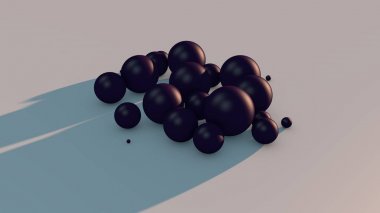 Uzayda birçok mor topları 3d illüstrasyon. Soyutlama, fütüristik bir tasarıma sahip bir görüntü. 3d render.