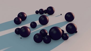 Uzayda birçok mor topları 3d illüstrasyon. Soyutlama, fütüristik bir tasarıma sahip bir görüntü. 3d render.