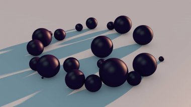 Uzayda birçok mor topları 3d illüstrasyon. Soyutlama, fütüristik bir tasarıma sahip bir görüntü. 3d render.