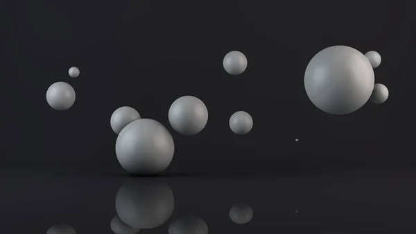 3D εικονογράφηση πολλών λευκών μπάλες. Οι σφαίρες βρίσκονται τυχαία, τυχαία στο χώρο πάνω από την ανακλώσα επιφάνεια. 3D απόδοση, αφαίρεση, αφηρημένο, φουτουριστικό φόντο. — Φωτογραφία Αρχείου