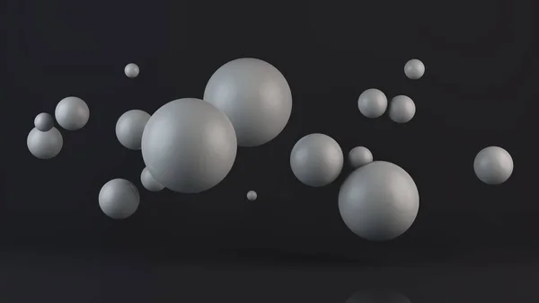 3D-illustratie van veel witte ballen. De bollen bevinden zich willekeurig, willekeurig in de ruimte boven het reflecterende oppervlak. 3D rendering, abstractie, abstract, futuristische achtergrond. — Stockfoto